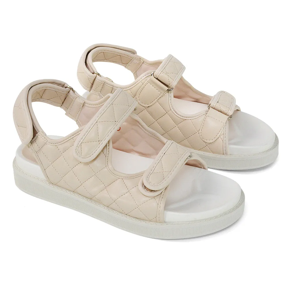 Erina Quilted Double Strap Flat Dad Sandals In Nude Synthetic Leather