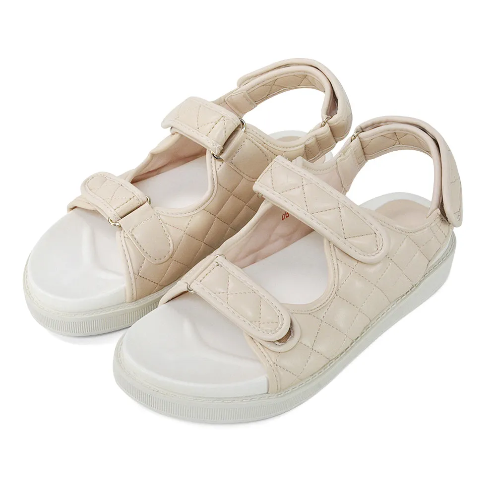 Erina Quilted Double Strap Flat Dad Sandals In Nude Synthetic Leather