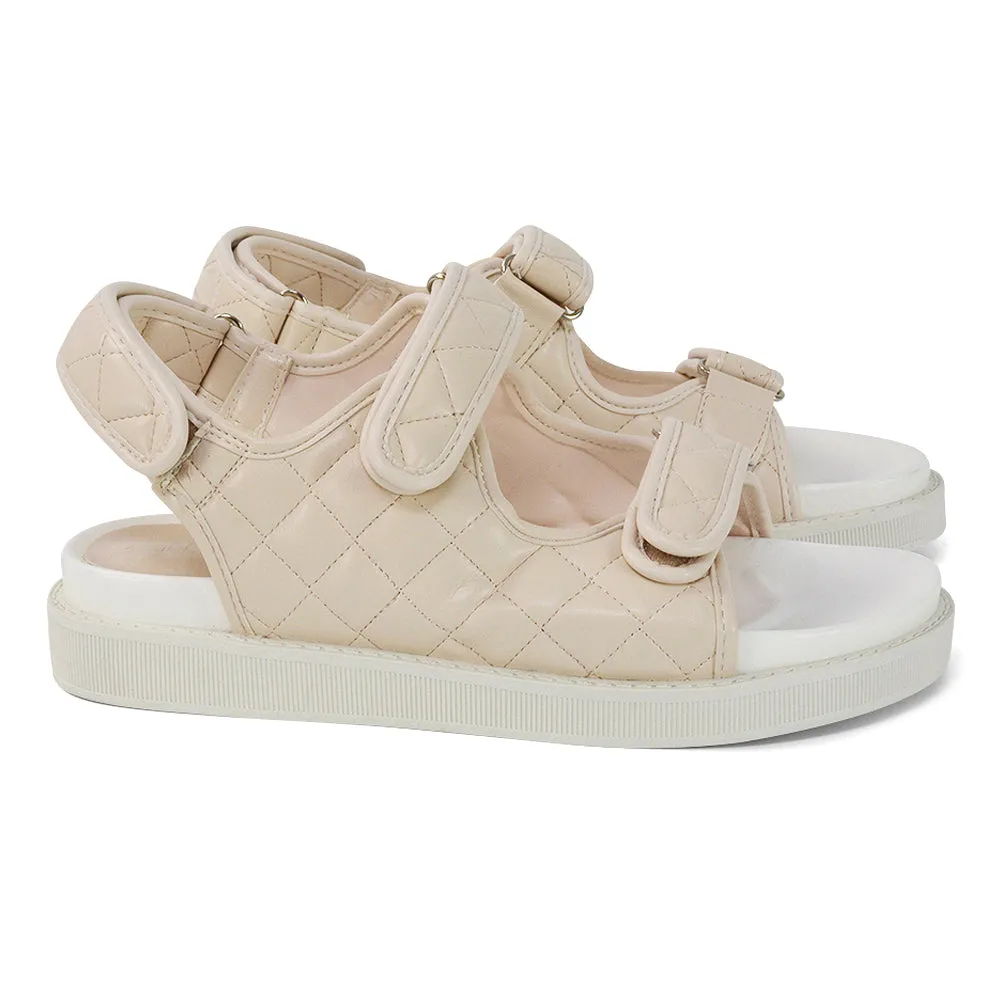 Erina Quilted Double Strap Flat Dad Sandals In Nude Synthetic Leather