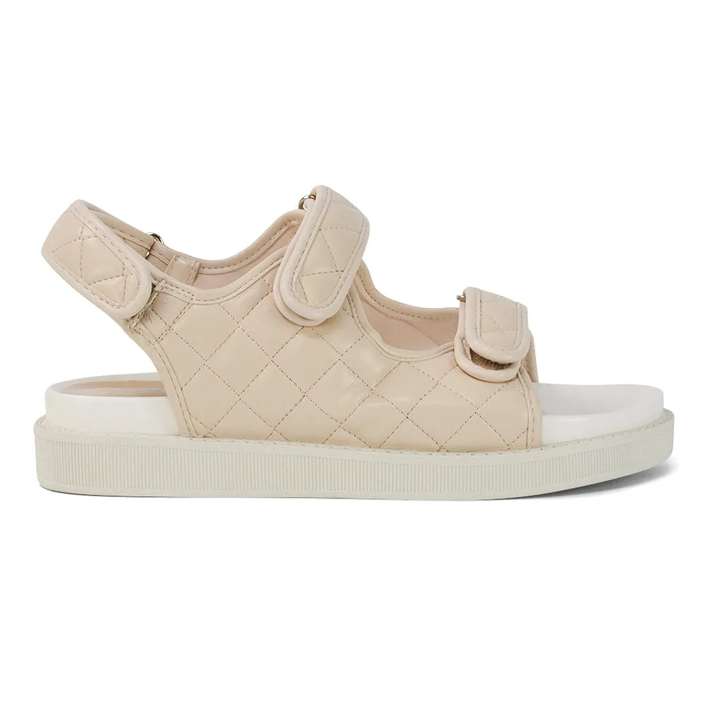 Erina Quilted Double Strap Flat Dad Sandals In Nude Synthetic Leather