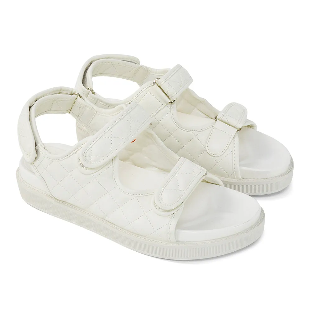 Erina Quilted Double Strap Flat Dad Sandals In White Synthetic Leather