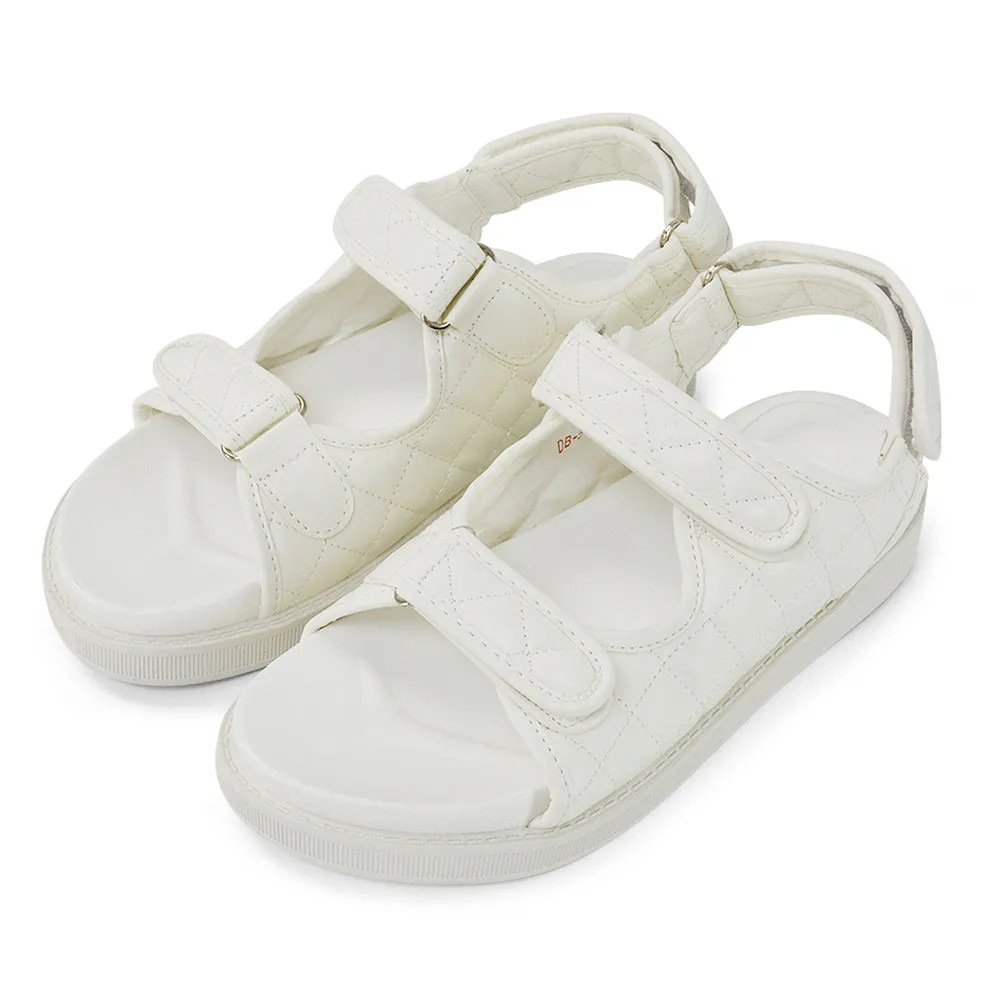 Erina Quilted Double Strap Flat Dad Sandals In White Synthetic Leather