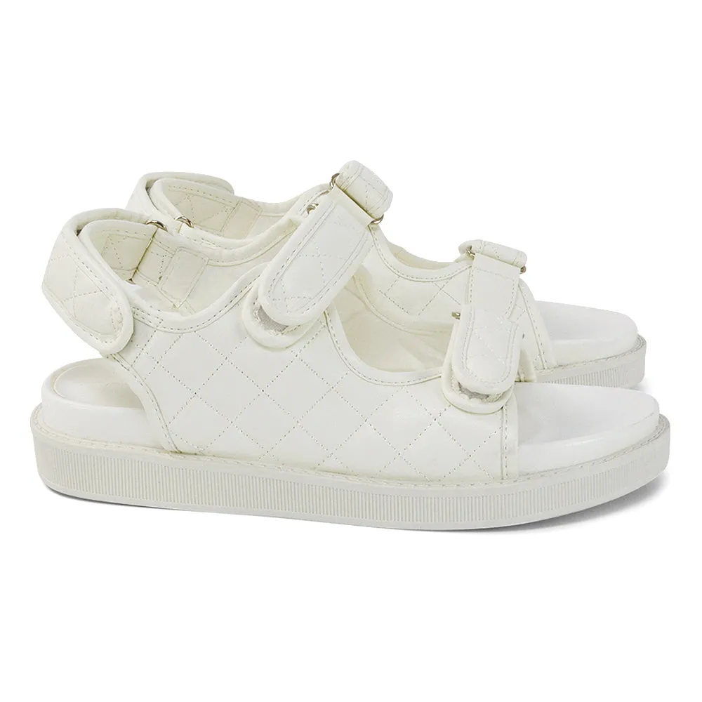 Erina Quilted Double Strap Flat Dad Sandals In White Synthetic Leather