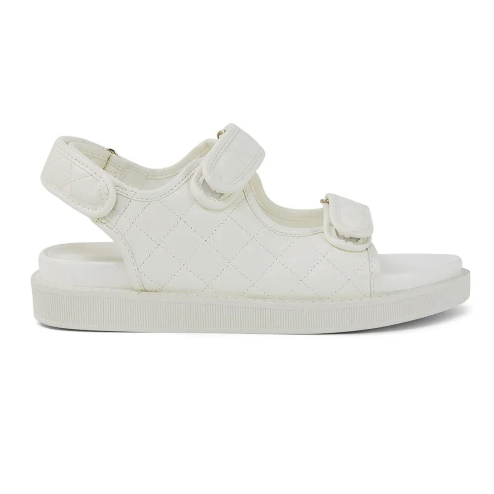 Erina Quilted Double Strap Flat Dad Sandals In White Synthetic Leather