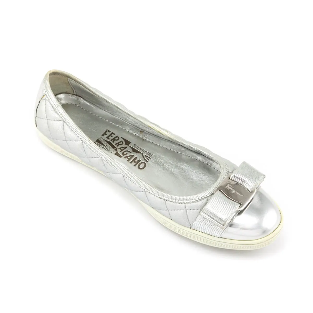 Ferragamo Silver Quilted Vara Bow Ballet Flats Size US 7 | IT 37