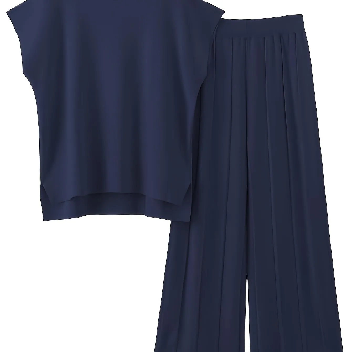 Flattering Womens Solid Color Two-Piece Outfit - Cap Sleeve Crew Neck Top with Split Hem & Flowy Wide Leg Pants - Stylish Casual Wear for Everyday Elegance