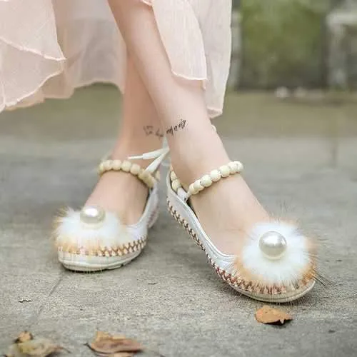 Folkways Style Pearl Decor Ankle Strap Flat Sandals Shoes