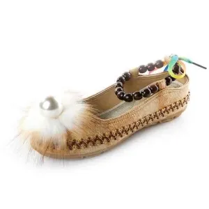 Folkways Style Pearl Decor Ankle Strap Flat Sandals Shoes