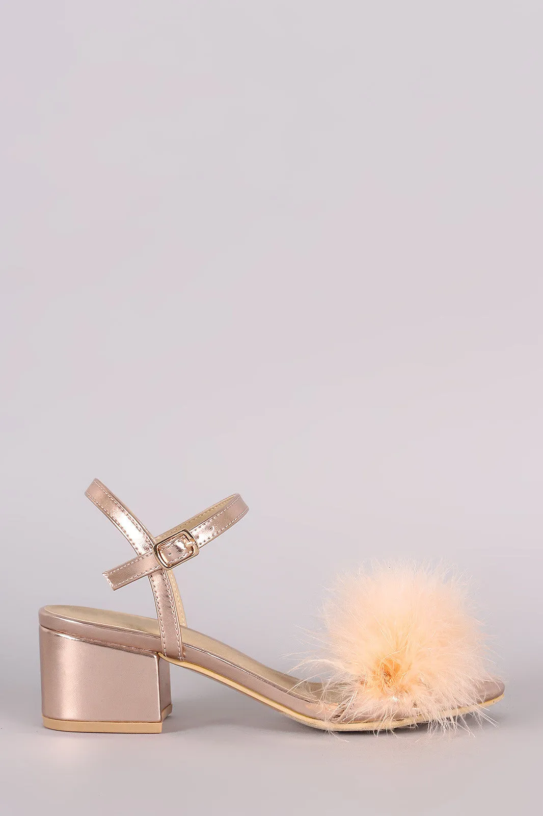 Fur Open Toe Ankle Strap Block Heeled Sandal