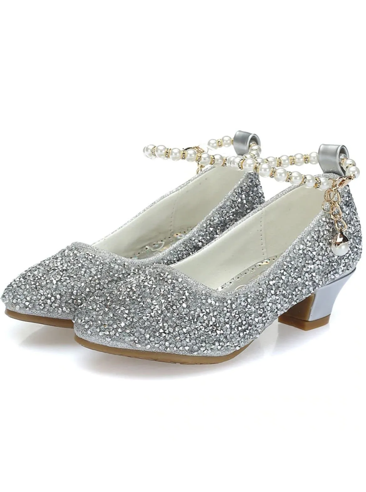 Girls Glittering Sequined Flats with  Pearl Embellished Ankle Strap and Pearl Charm By Liv and Mia