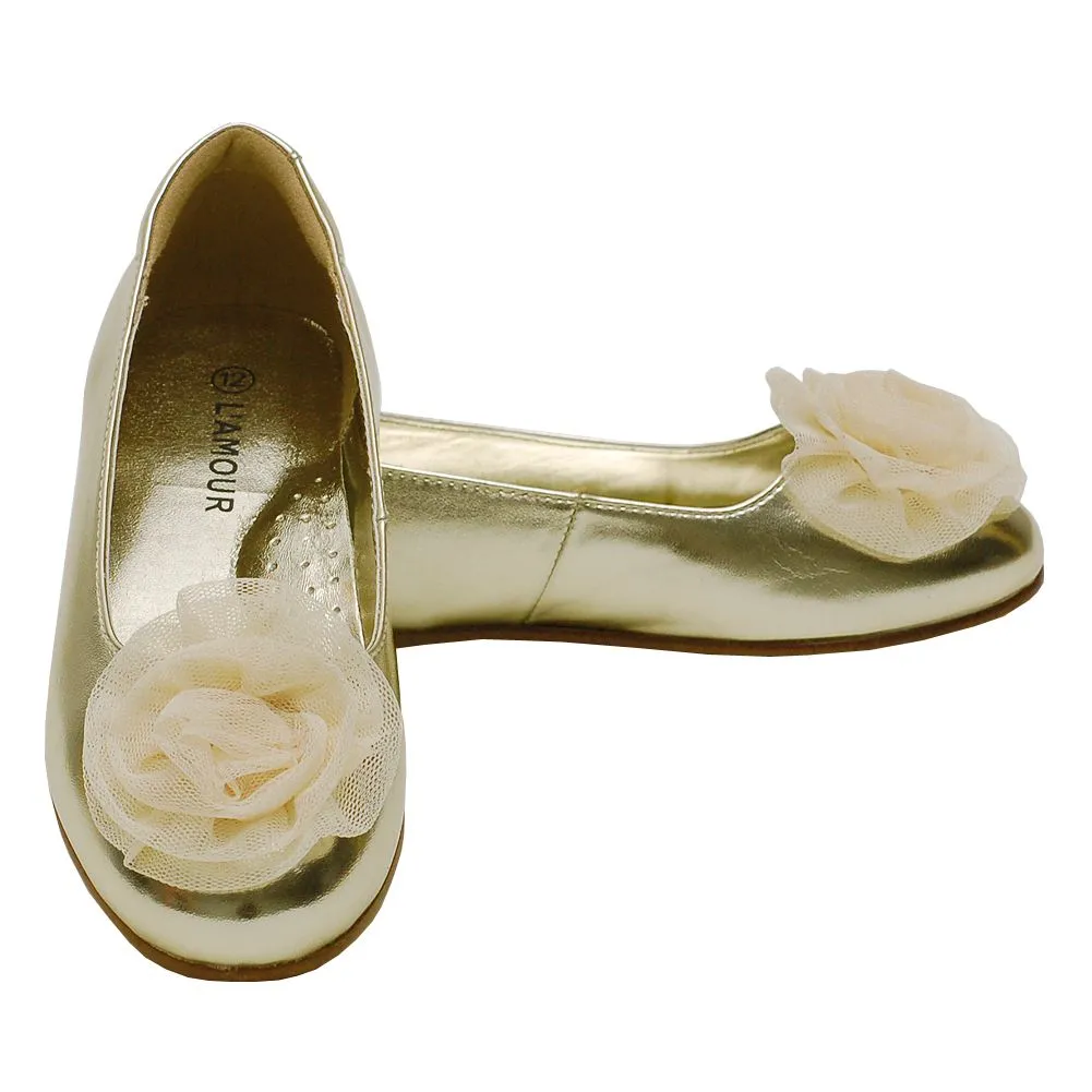 Girls Gold Flower Slip On Dress Shoes Toddler 5-Little Girl 4