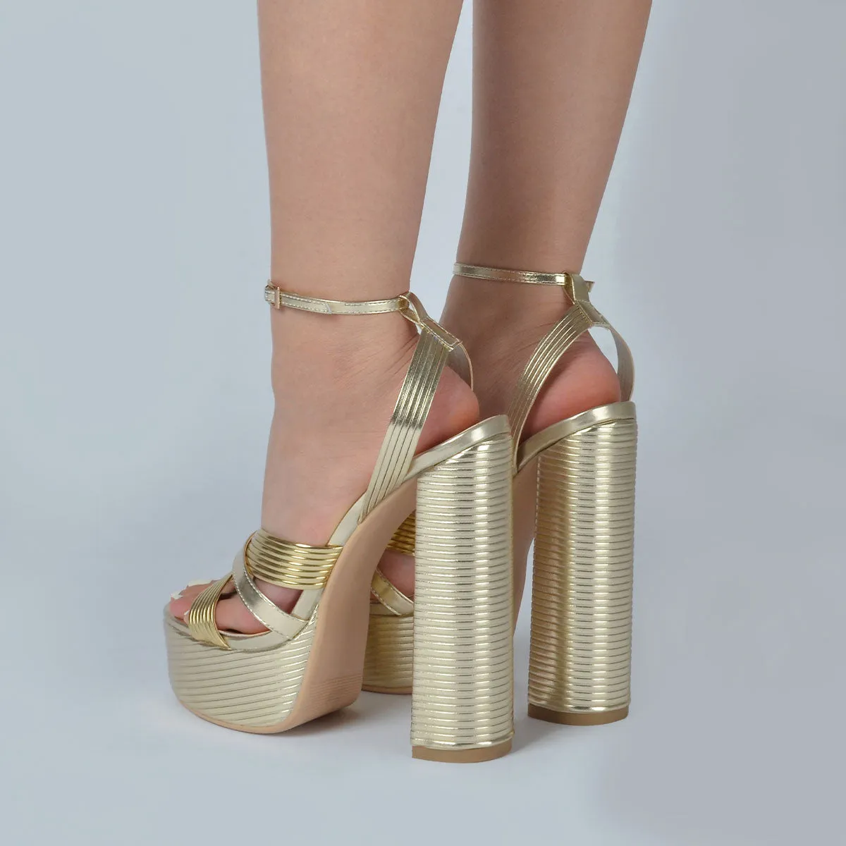 Gold Ankle Strap Open Round Toe Sandals Platform Chunky Heels