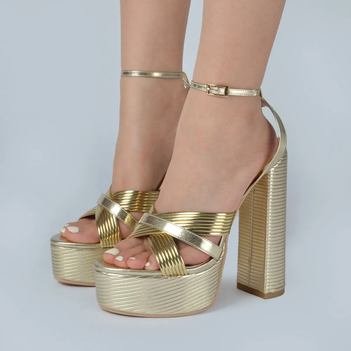 Gold Ankle Strap Open Round Toe Sandals Platform Chunky Heels