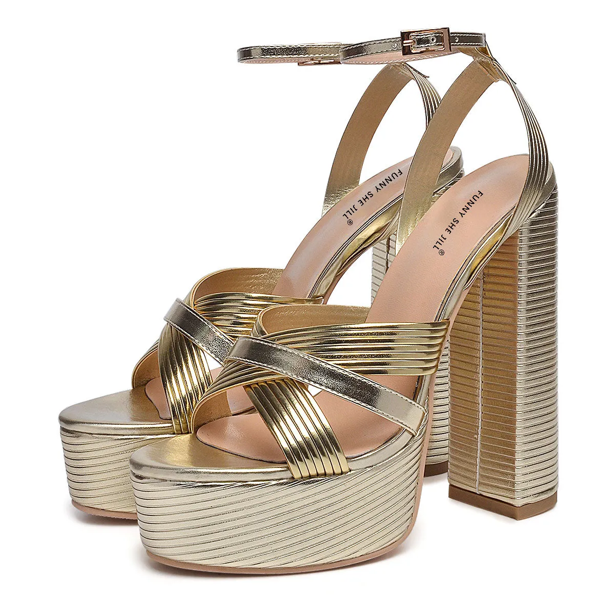 Gold Ankle Strap Open Round Toe Sandals Platform Chunky Heels