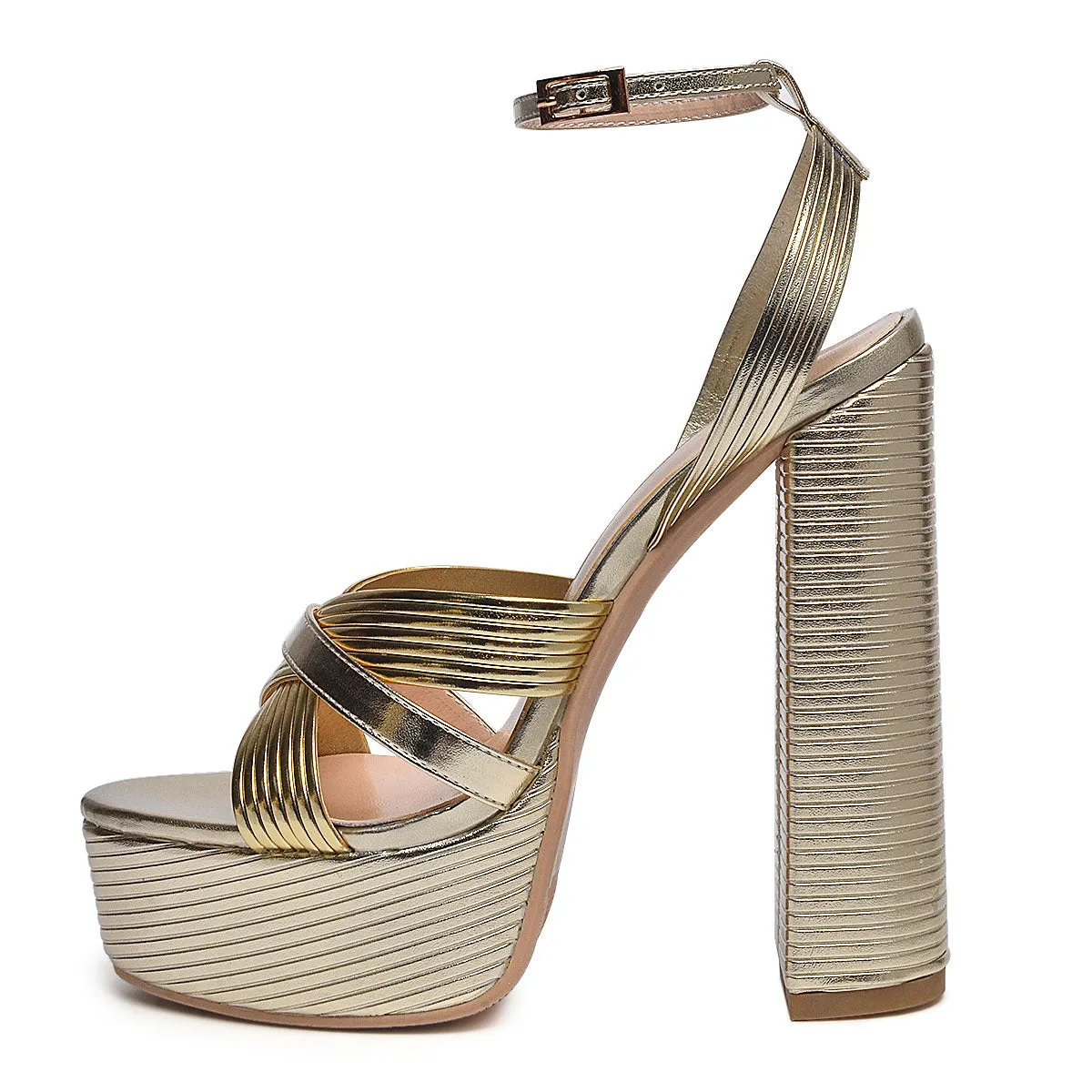 Gold Ankle Strap Open Round Toe Sandals Platform Chunky Heels