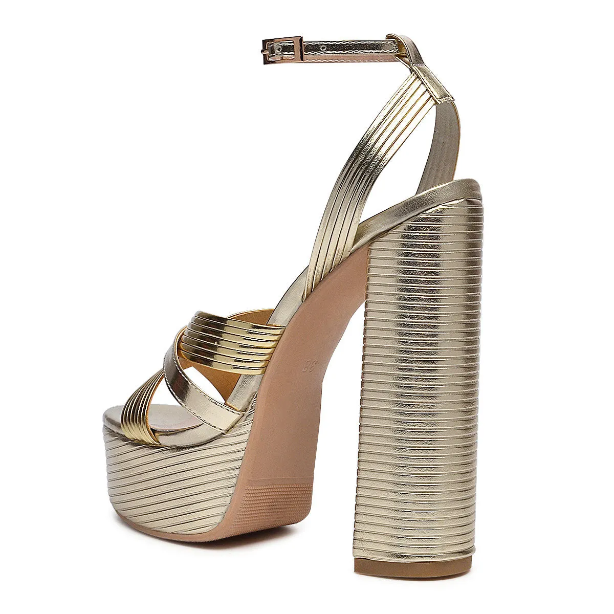 Gold Ankle Strap Open Round Toe Sandals Platform Chunky Heels