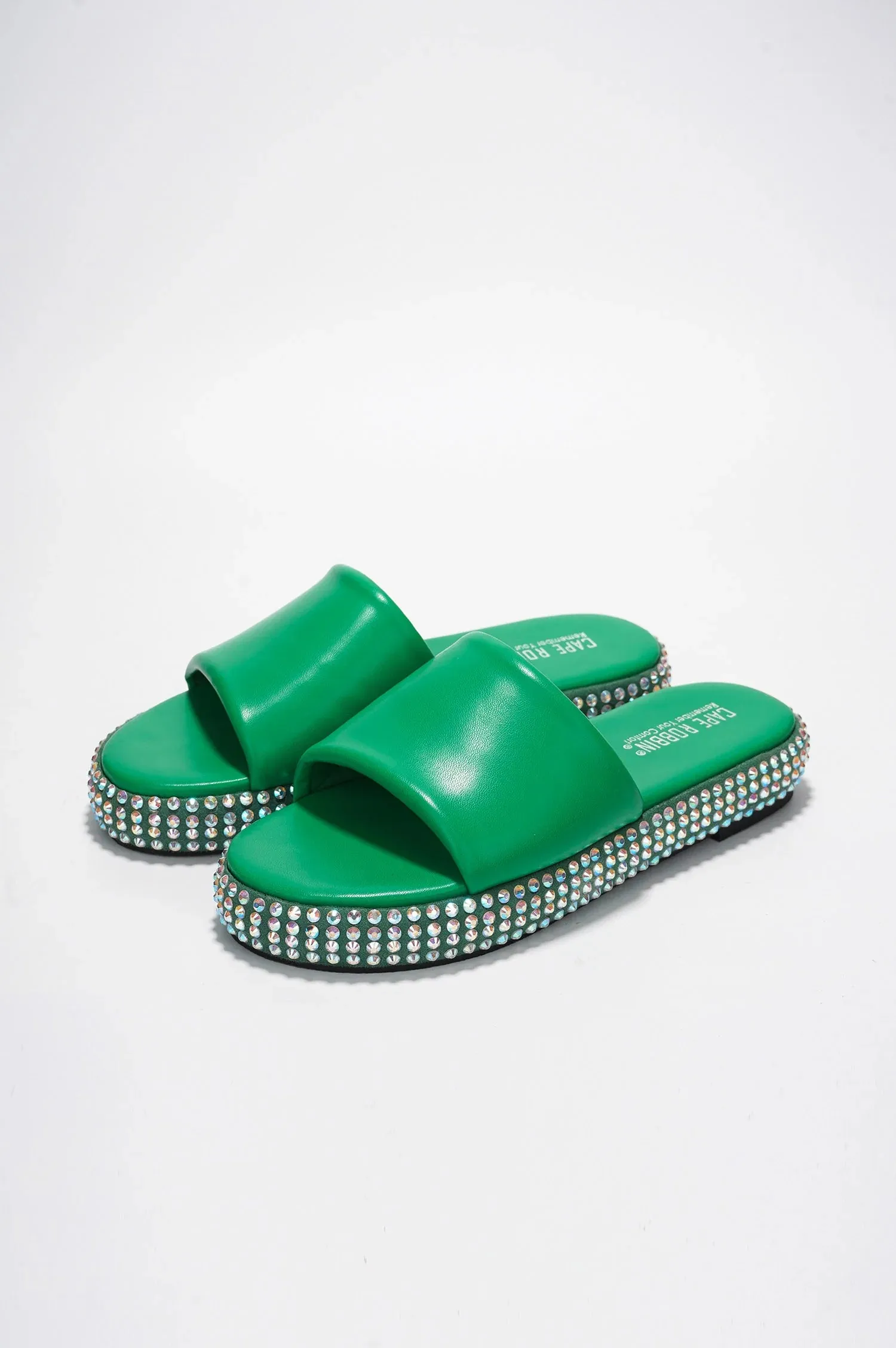 Green Womens Rhinestone Chunky Sandals Slides