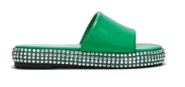 Green Womens Rhinestone Chunky Sandals Slides