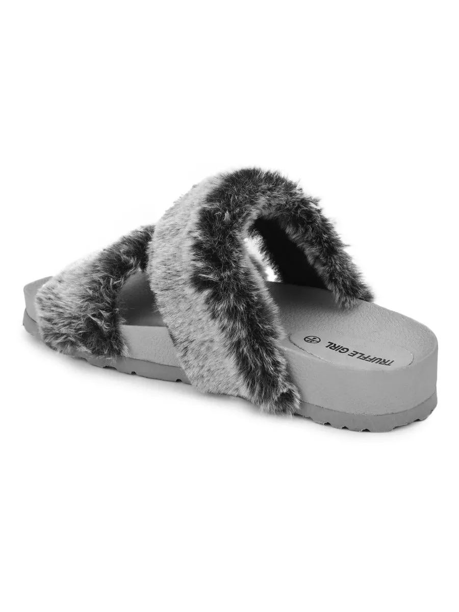 Grey Faux Fur Slip Ons