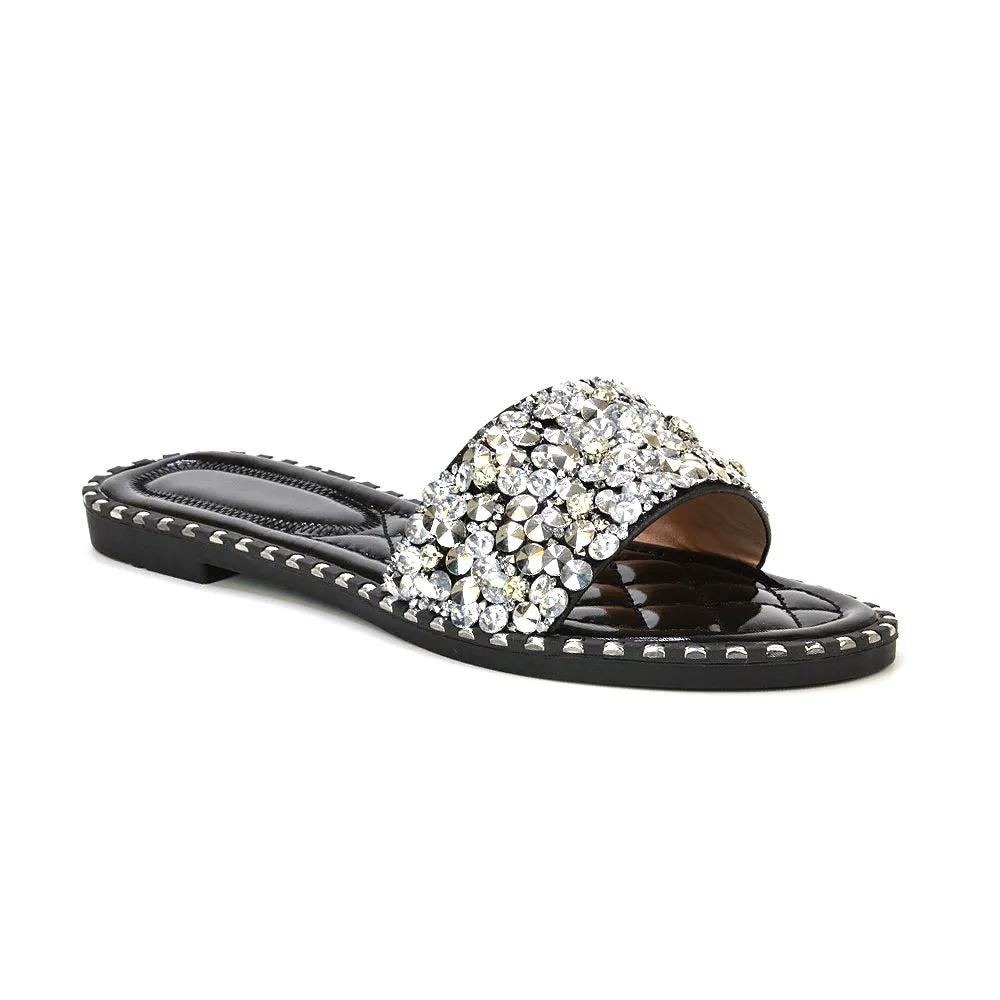 Hailey Diamante Rhinestone Strap Quilted Sole Flat Sandal Sliders in Black