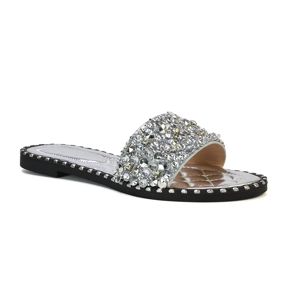 Hailey Diamante Rhinestone Strap Quilted Sole Flat Sandal Sliders in Black