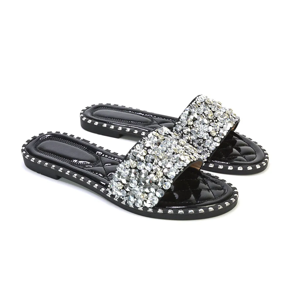 Hailey Diamante Rhinestone Strap Quilted Sole Flat Sandal Sliders in Black