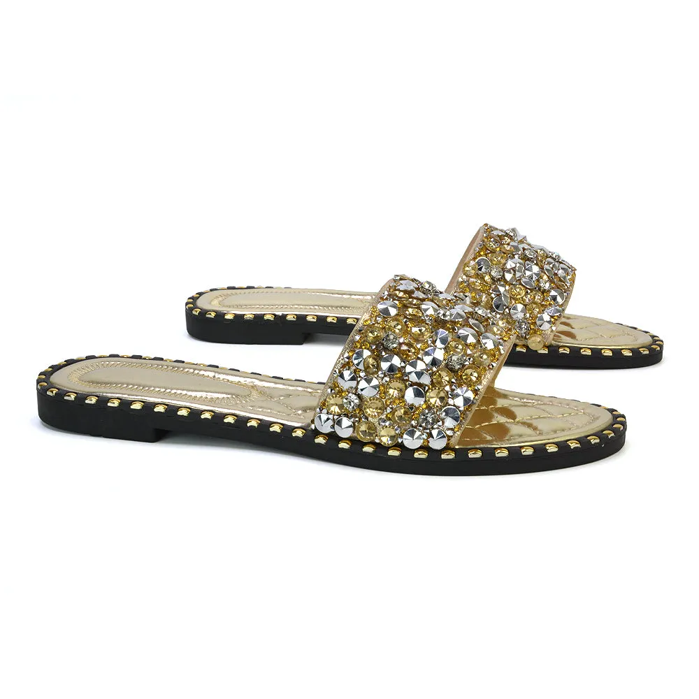 Hailey Diamante Rhinestone Strap Quilted Sole Flat Sandal Sliders in Black