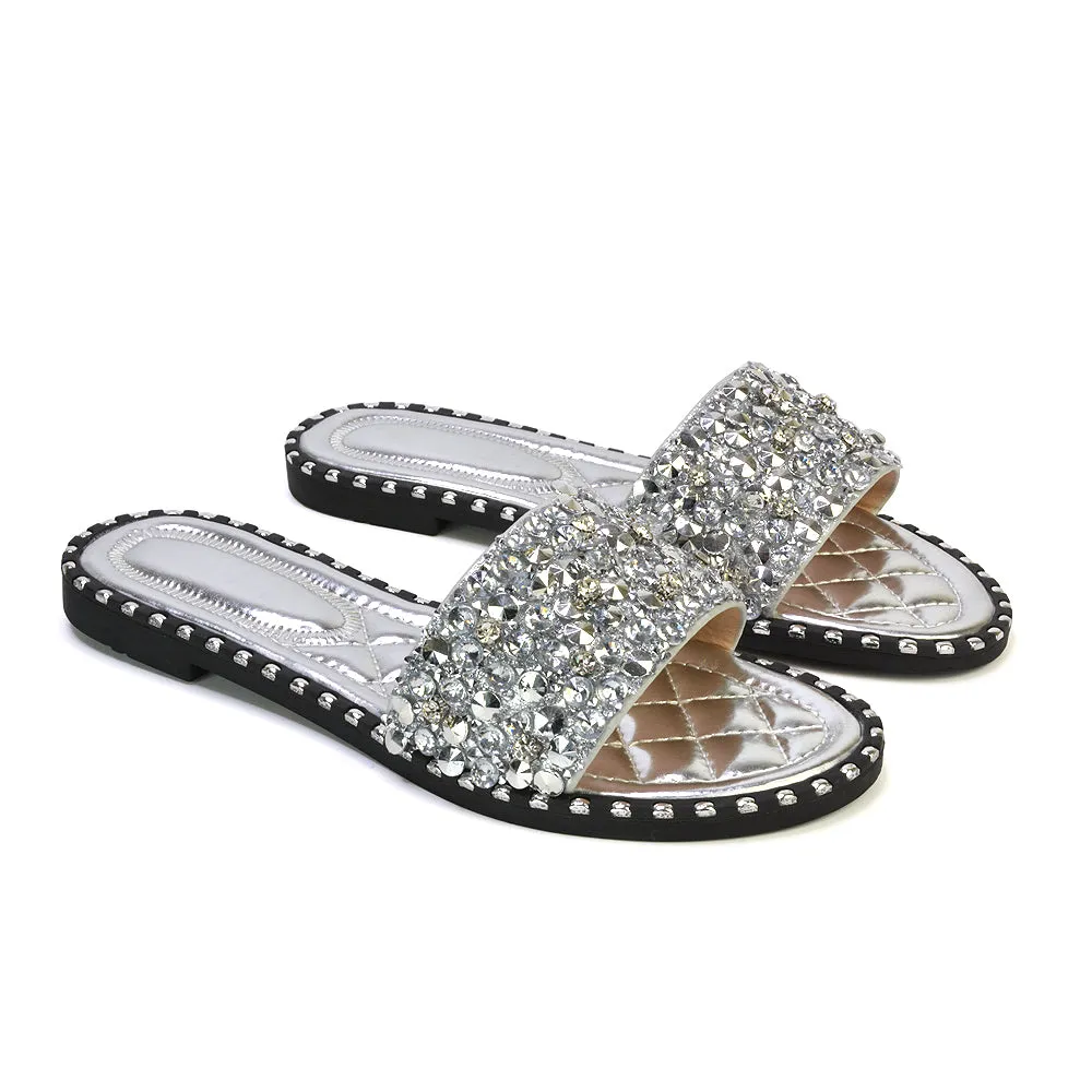 Hailey Diamante Rhinestone Strap Quilted Sole Flat Sandal Sliders in Black