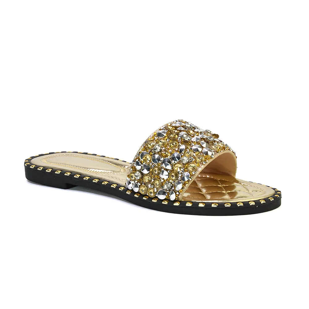 Hailey Diamante Rhinestone Strap Quilted Sole Flat Sandal Sliders in Black