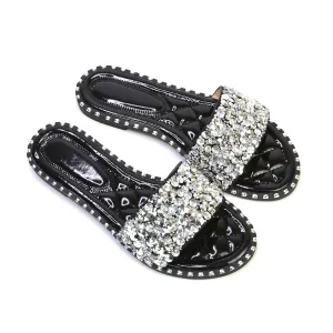 Hailey Diamante Rhinestone Strap Quilted Sole Flat Sandal Sliders in Black