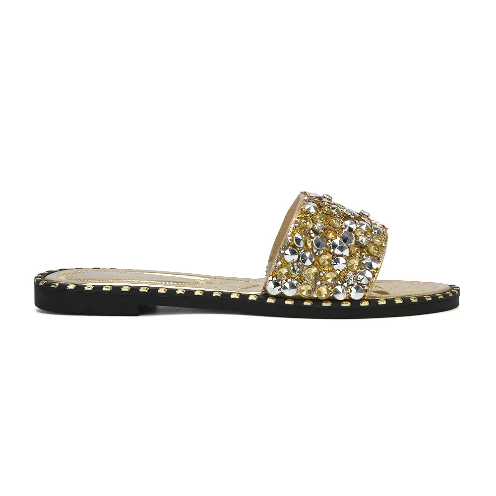 Hailey Diamante Rhinestone Strap Quilted Sole Flat Sandal Sliders in Black