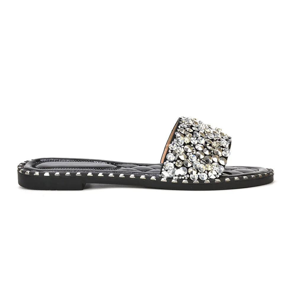 Hailey Diamante Rhinestone Strap Quilted Sole Flat Sandal Sliders in Black