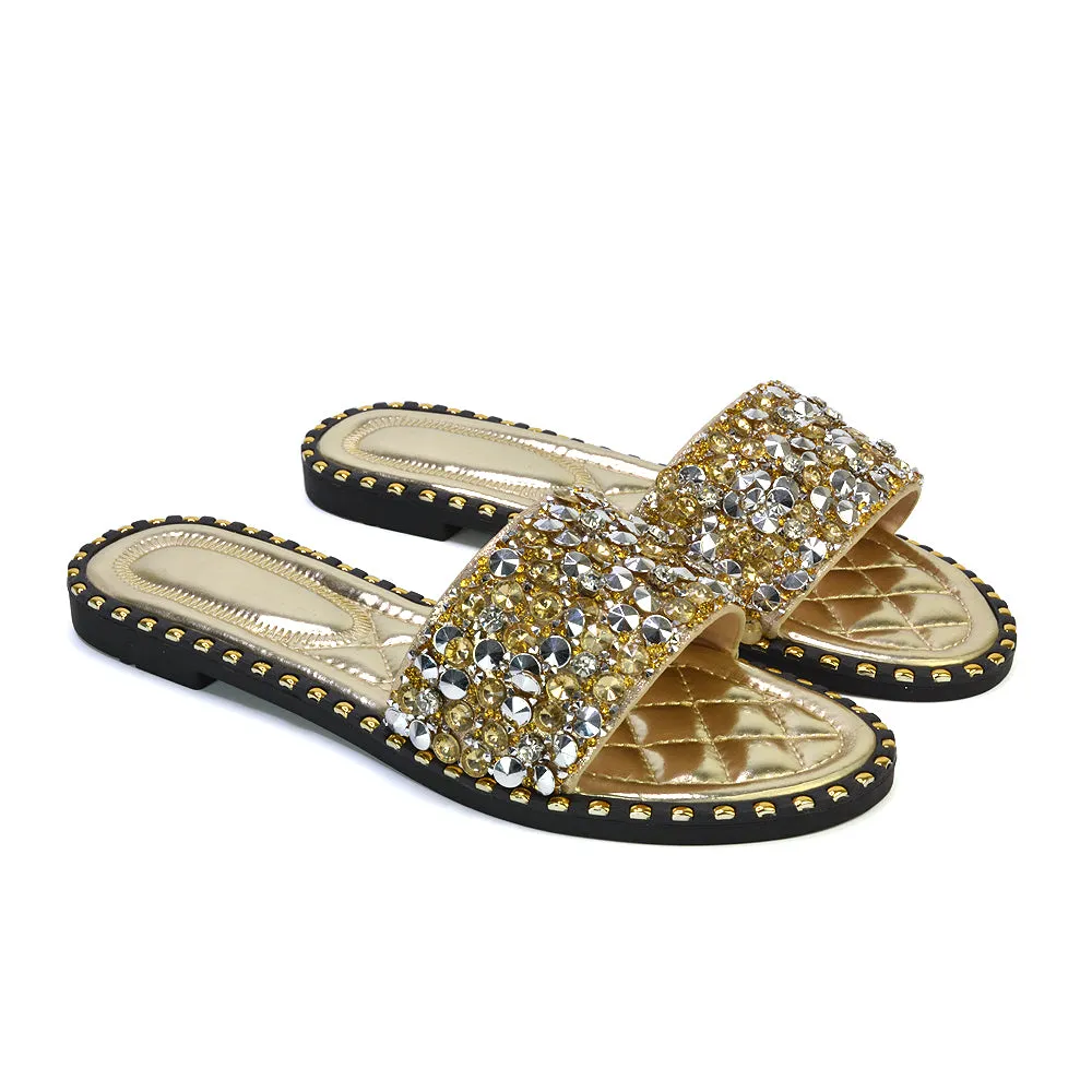 Hailey Diamante Rhinestone Strap Quilted Sole Flat Sandal Sliders in Black