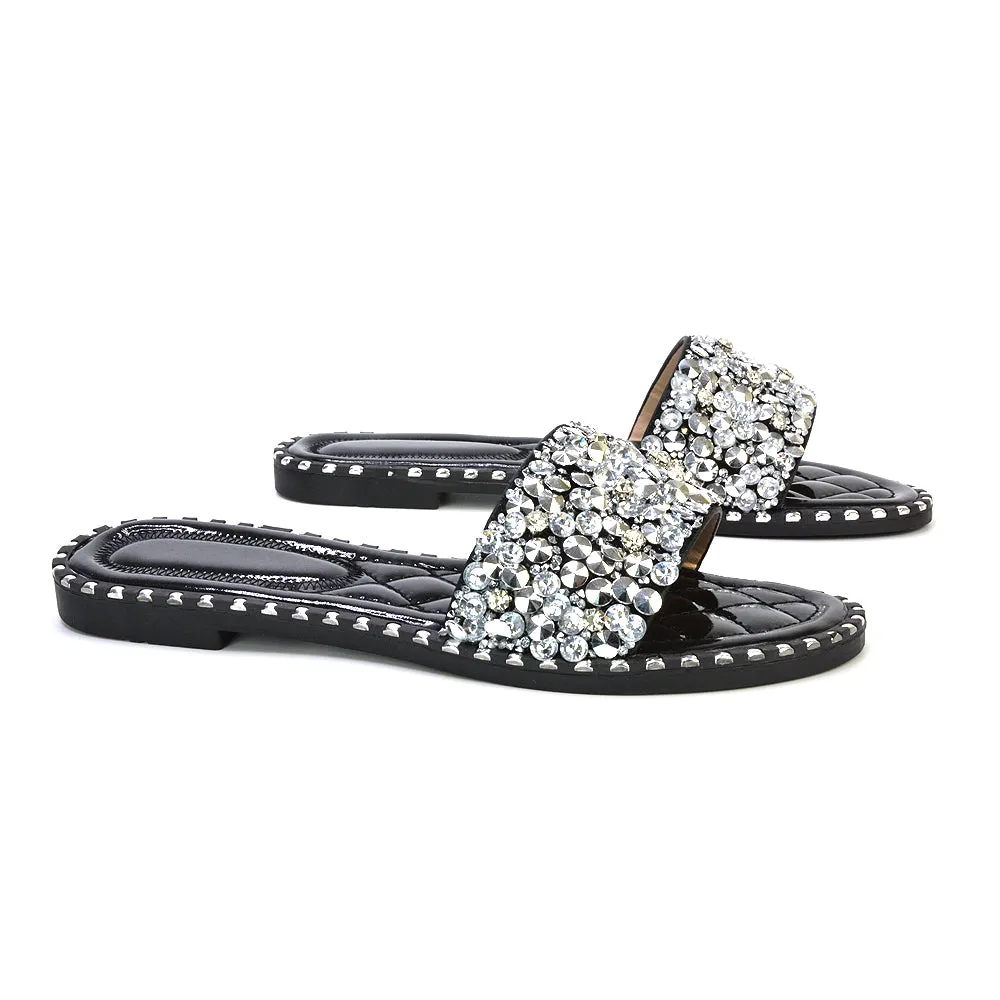 Hailey Diamante Rhinestone Strap Quilted Sole Flat Sandal Sliders in Black