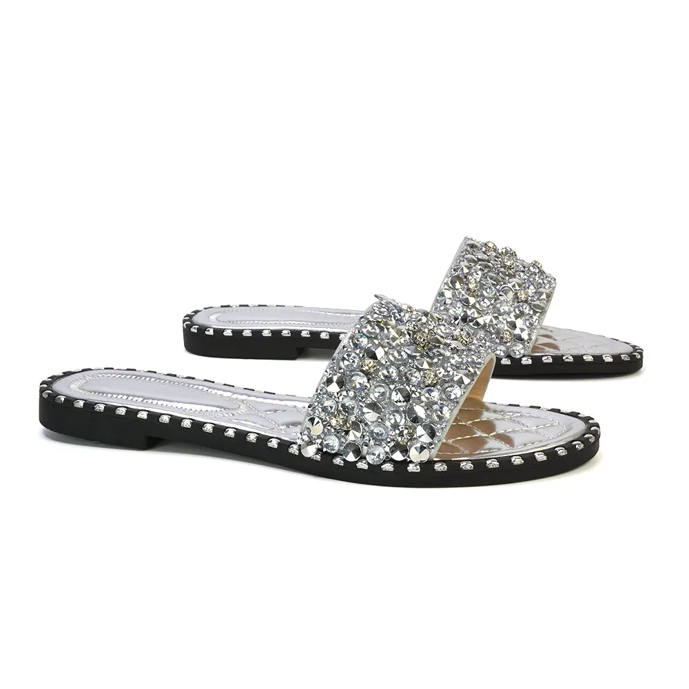 Hailey Diamante Rhinestone Strap Quilted Sole Flat Sandal Sliders in Black