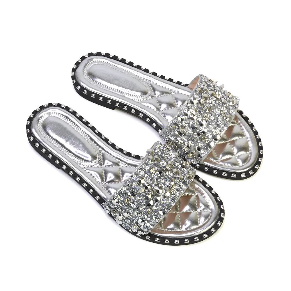 Hailey Diamante Rhinestone Strap Quilted Sole Flat Sandal Sliders in Gold