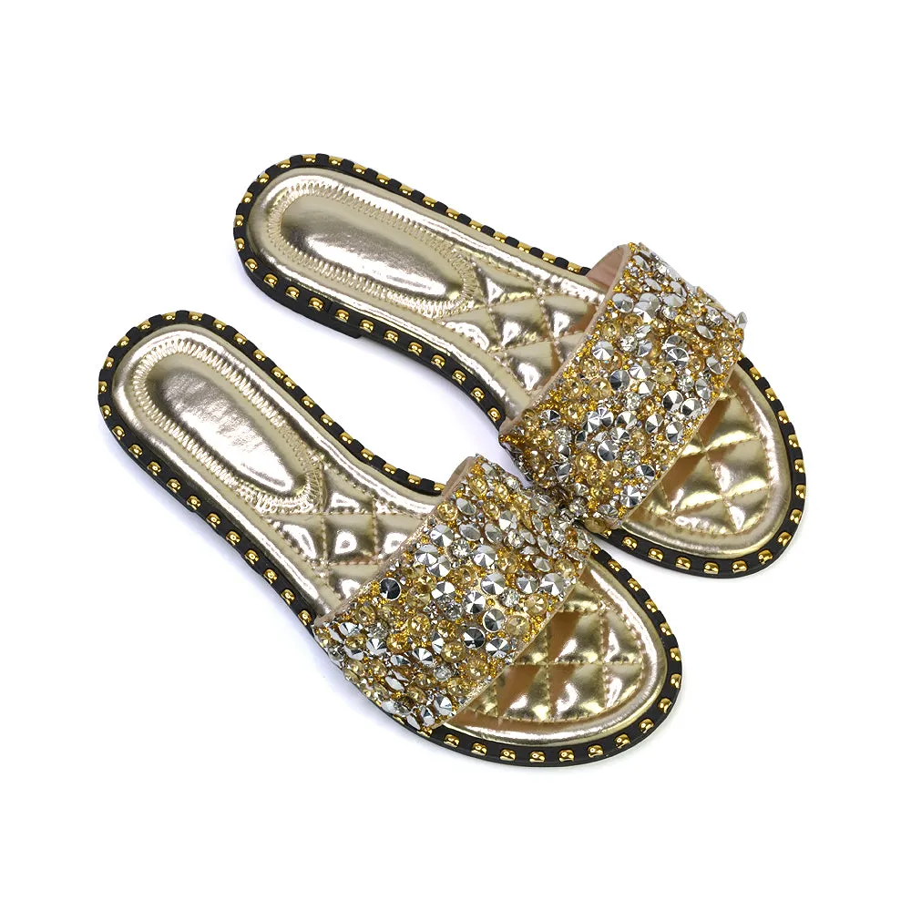 Hailey Diamante Rhinestone Strap Quilted Sole Flat Sandal Sliders in Gold