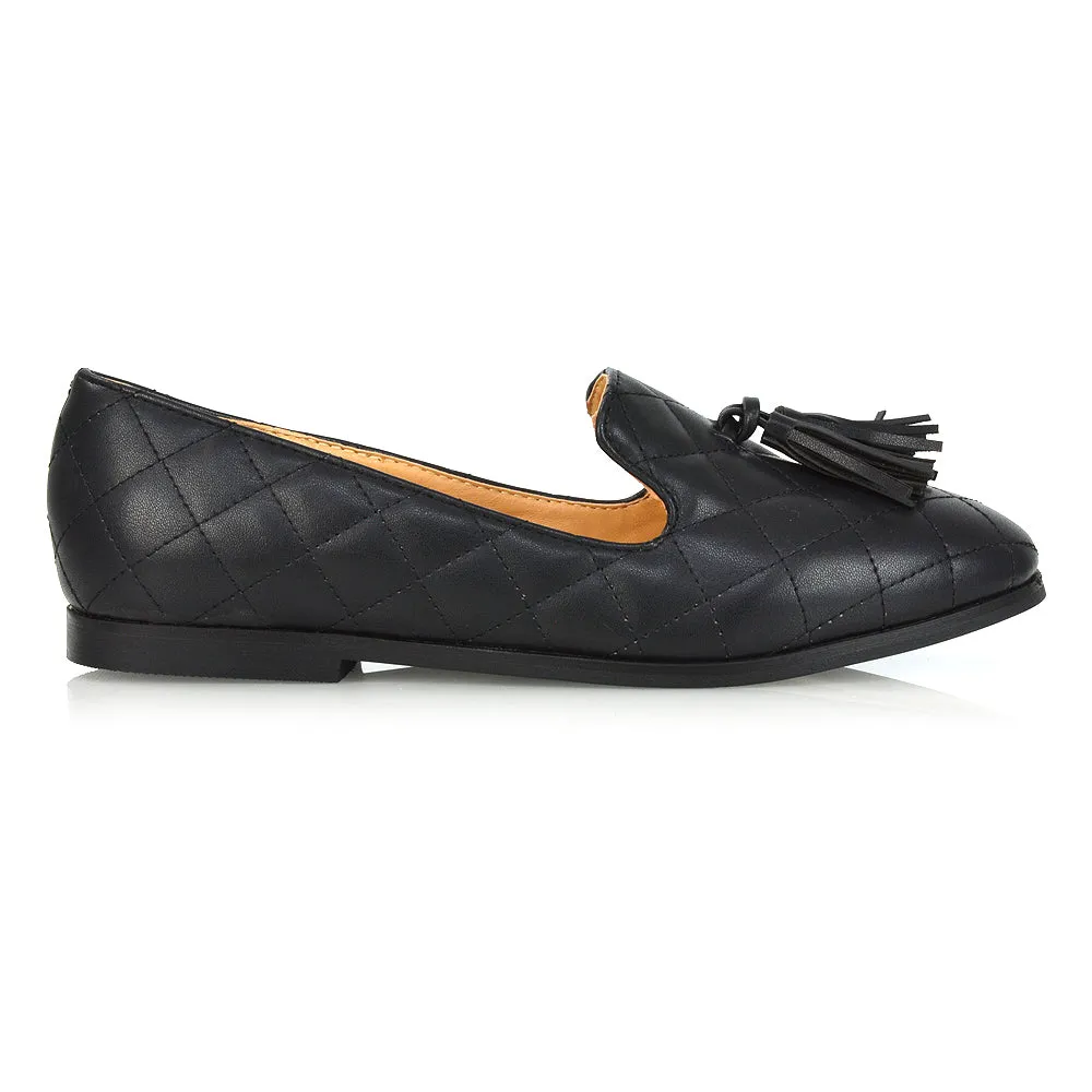 Halanna Quilted Design Tassel Detail Slip on Smart Flat Loafers in Black Synthetic Leather