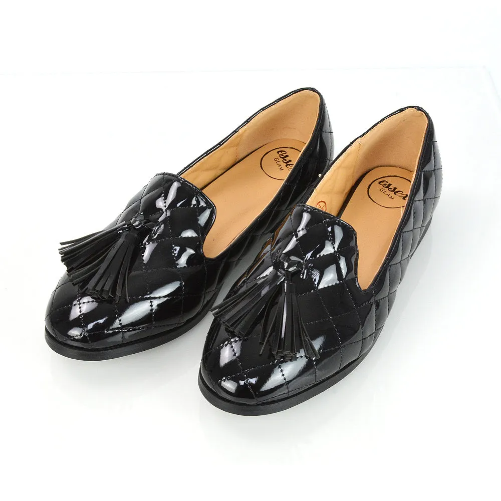 Halanna Quilted Design Tassel Detail Slip on Smart Flat Loafers in Black Synthetic Leather