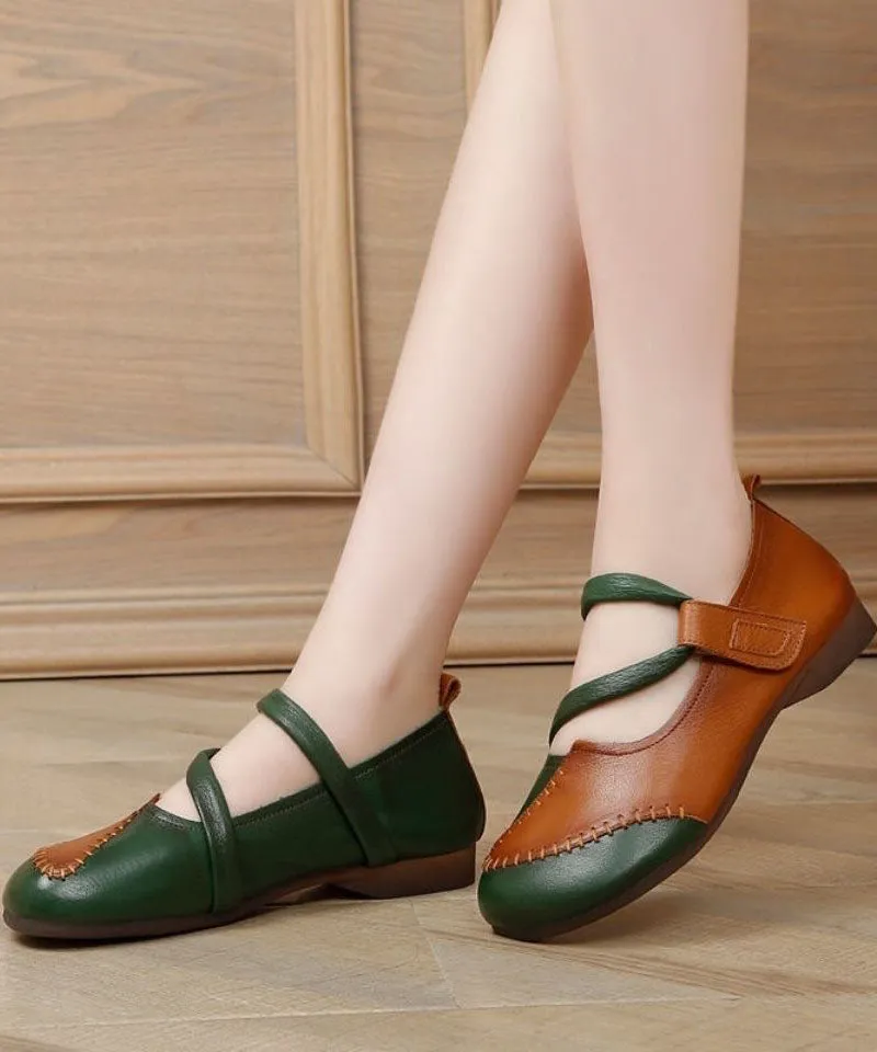 Handmade Splicing Green Flat Shoes For Women Lace Up Flats FA234