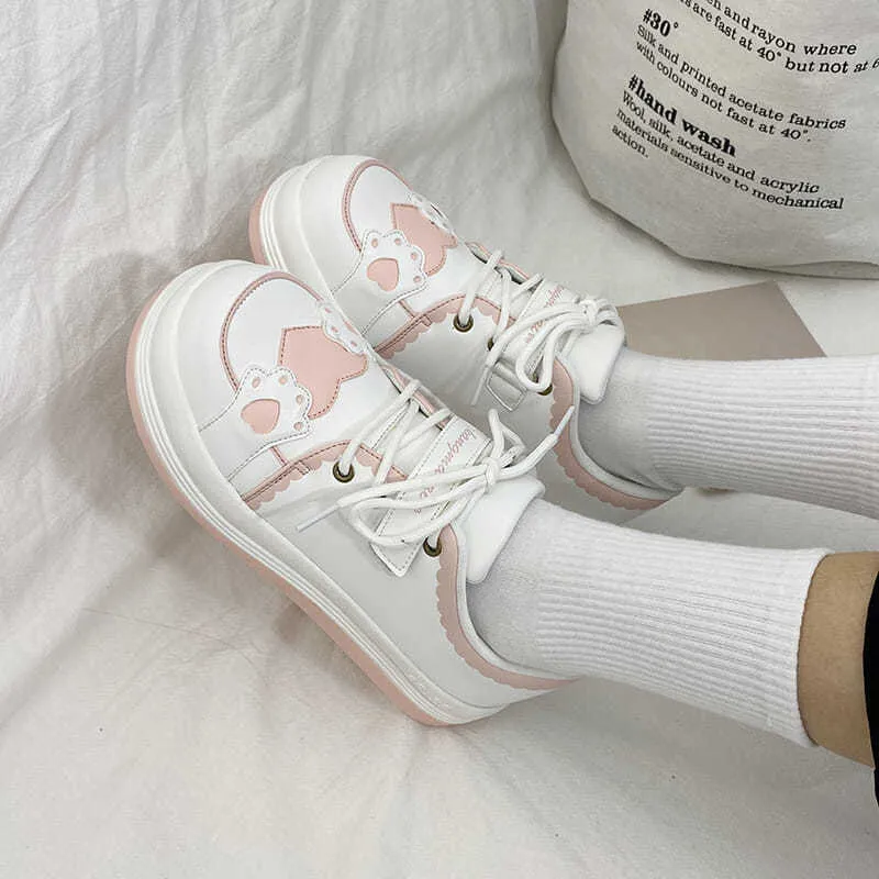 Kawaii Shoes Women Sneakers White Round Head Platform Causal  Sports Student Cute Pink Girl Lolita Fashion Flats  Spring