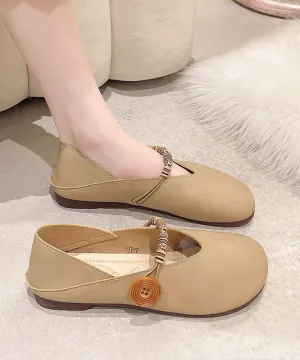 Khaki Flats Cowhide Leather Comfy Buckle Strap Flat Feet Shoes LC0515