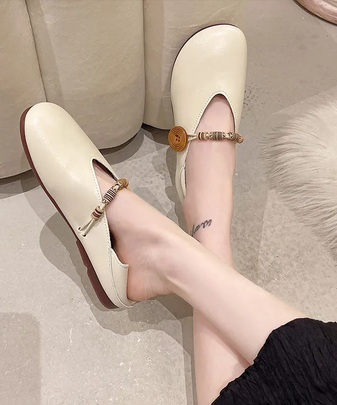 Khaki Flats Cowhide Leather Comfy Buckle Strap Flat Feet Shoes LC0515