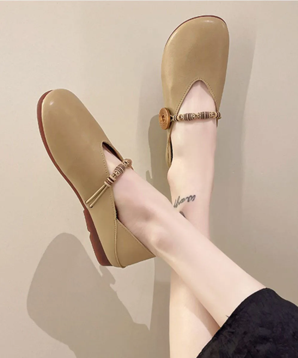 Khaki Flats Cowhide Leather Comfy Buckle Strap Flat Feet Shoes LC0515