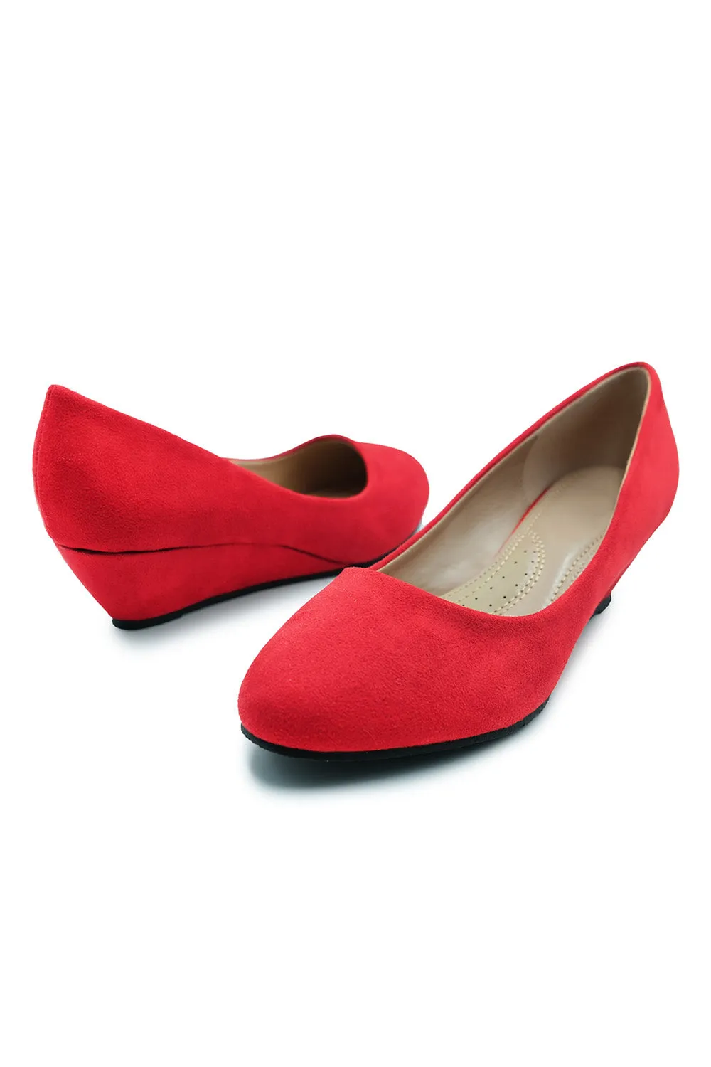 KIERAN PLATFORM LOW WEDGE MID HEEL COURT SHOES IN ROUGE RED SUEDE