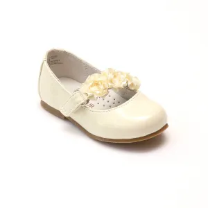 L'Amour Girls Y535 Patent Cream Rosette Flats