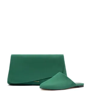 Larroude Venice Flat Mule and Pouch Kit In Emerald Suede