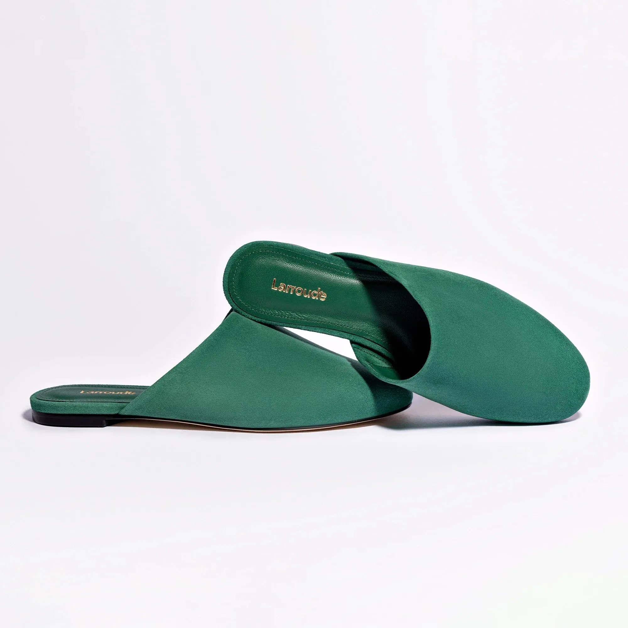 Larroude Venice Flat Mule and Pouch Kit In Emerald Suede