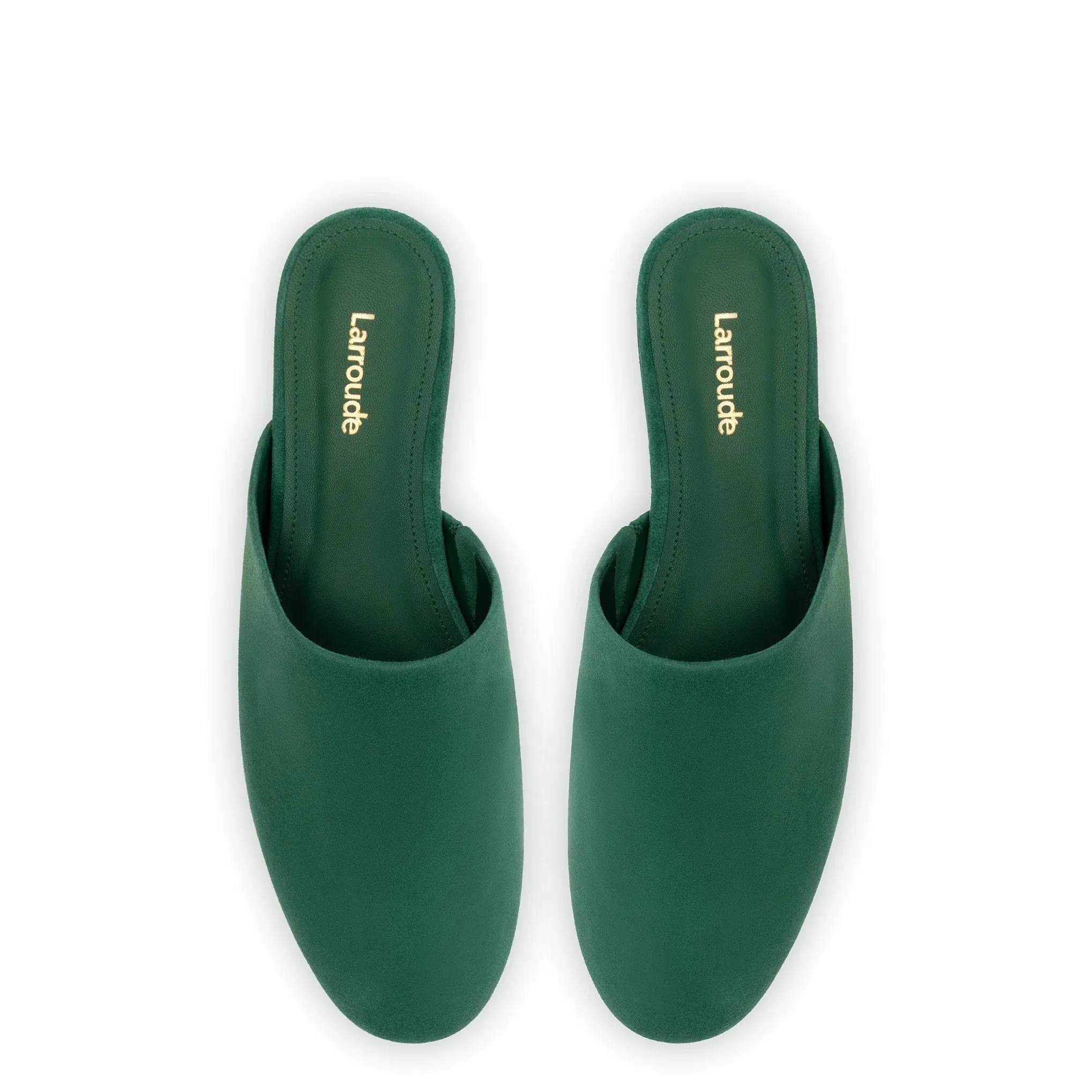 Larroude Venice Flat Mule and Pouch Kit In Emerald Suede