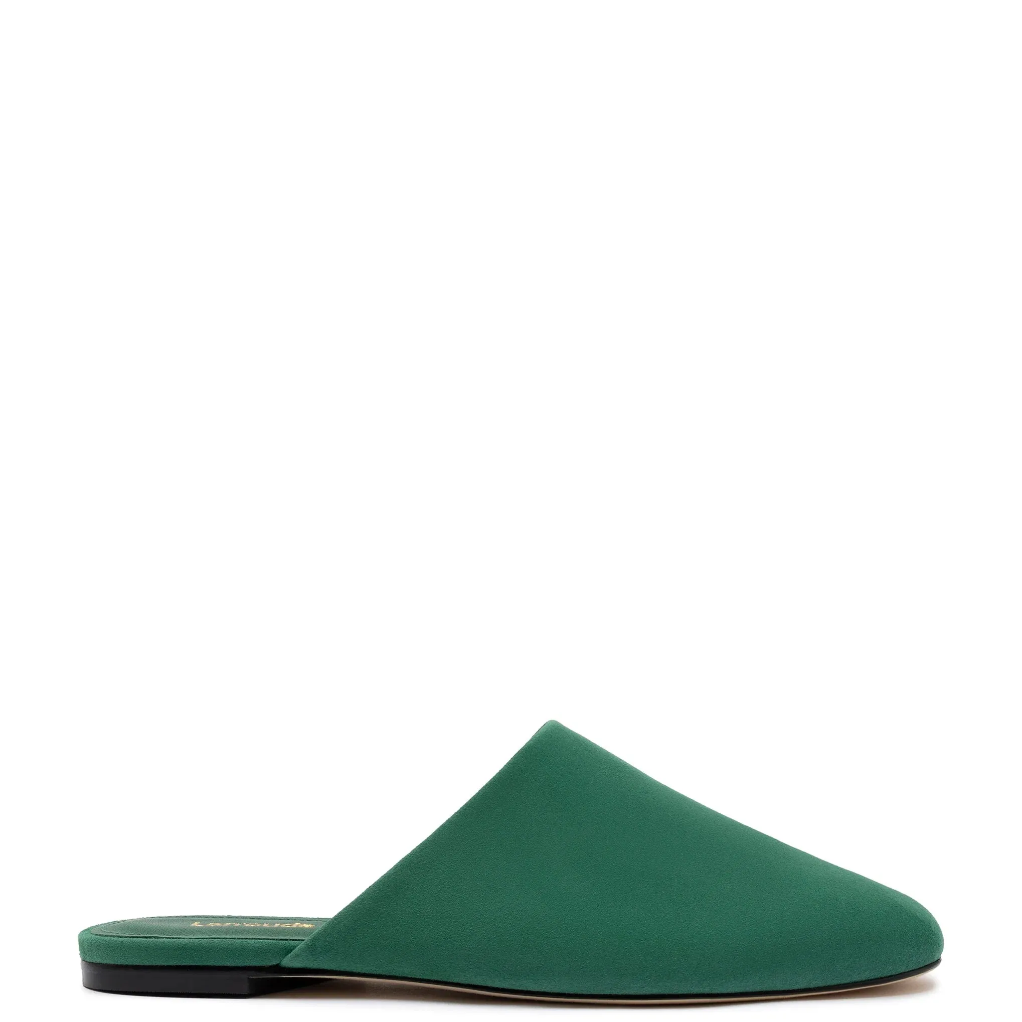 Larroude Venice Flat Mule and Pouch Kit In Emerald Suede